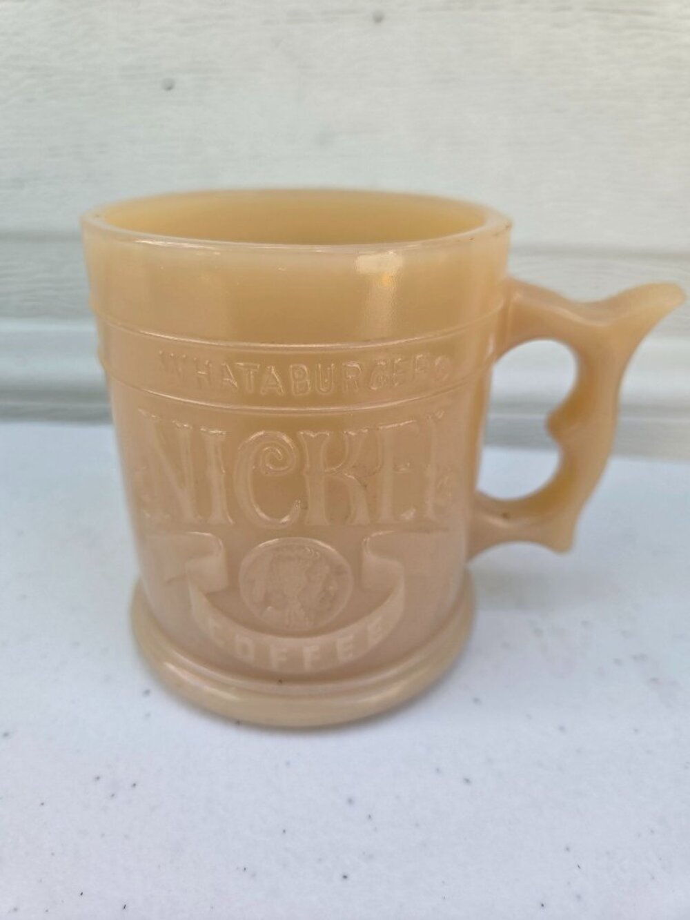 Whataburger Nickel Coffee Mug Vintage Beige Glass Embossed Logo Collectible